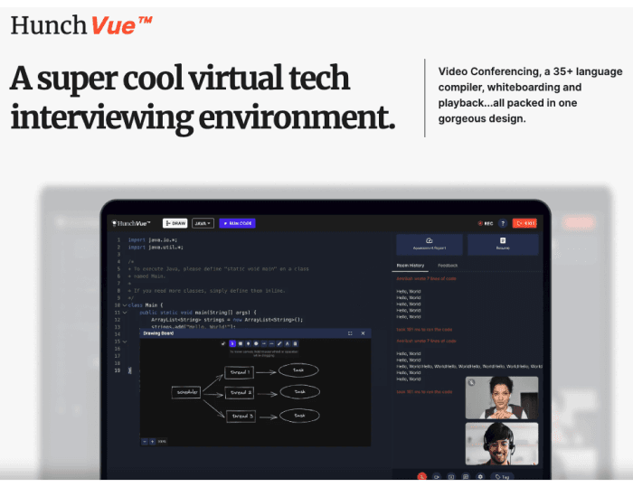The image is an advertisement for "HunchVue™," a virtual tech interviewing platform. The main focus is on a large screen display showing an interface with multiple coding tabs open, specifically showing Java code. There are additional features visible such as video conferencing, a diagram interface, and code compilation. To the right, there is text that highlights the platform's key features: Video Conferencing, a 35+ language compiler, whiteboarding, and playback, all combined in a design described as gorgeous. Additionally, there are smaller images of a female professional and text chat interfaces on the screen, emphasizing the interactive and multi-functional nature of the environment.